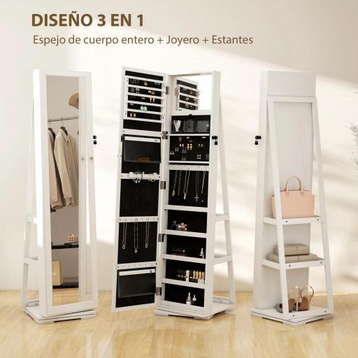 Espejo Joyero Giratorio 360° Organizador de Joyas con Cerradura y Espejo Pequeño Incorporado 38x38x160 cm Blanco Veteado [3]