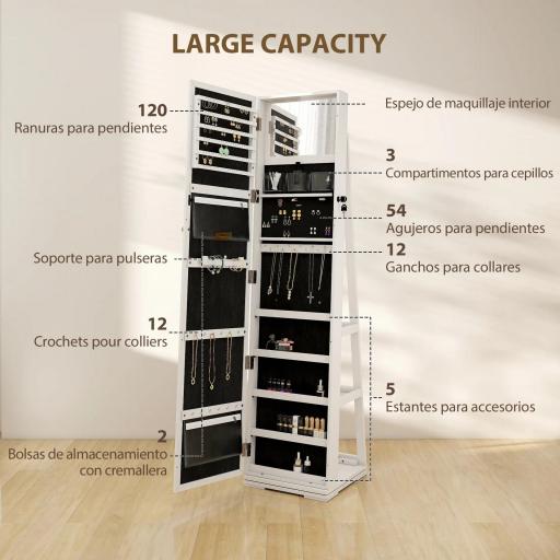 Espejo Joyero Giratorio 360° Organizador de Joyas con Cerradura y Espejo Pequeño Incorporado 38x38x160 cm Blanco Veteado [4]