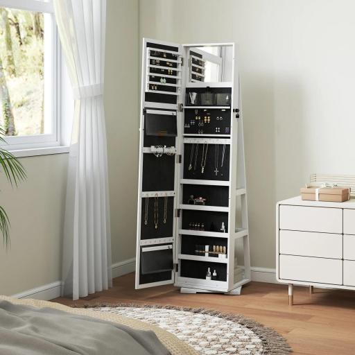 Espejo Joyero Giratorio 360° Organizador de Joyas con Cerradura y Espejo Pequeño Incorporado 38x38x160 cm Blanco Veteado [6]