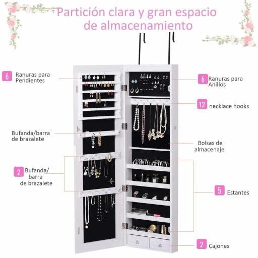 Espejo Joyero Colgante de Pared o Puerta con LED 5 Estantes 2 Cajones Pequeños Espejo Armario Montado con Cerradura 37x120x10cm [7]