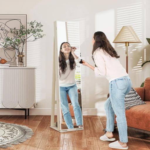 Armario Joyero con Luces LED y Cerradura Espejo Integrada Blanco con Veta de Madera