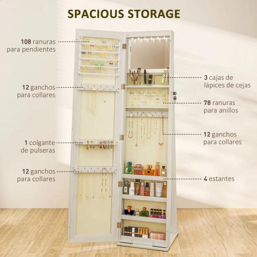 Armario Joyero con Luces LED y Cerradura Espejo Integrada Blanco con Veta de Madera [6]