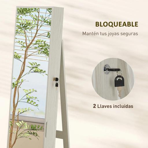 Armario Joyero con Luces LED y Cerradura Espejo Integrada Blanco con Veta de Madera [3]