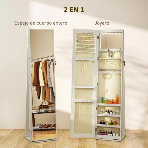 Armario Joyero con Luces LED y Cerradura Espejo Integrada Blanco con Veta de Madera [5]