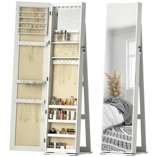 Armario Joyero con Luces LED y Cerradura Espejo Integrada Blanco con Veta de Madera [9]