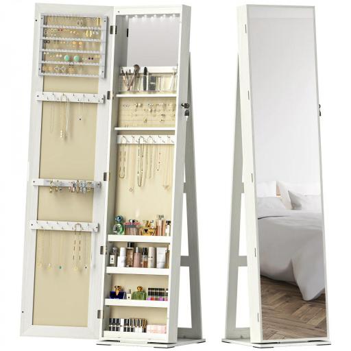 Armario Joyero con Luces LED y Cerradura Espejo Integrada Blanco con Veta de Madera [8]