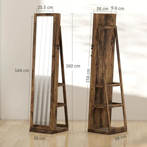 Espejo Joyero Giratorio 360° Armario para Joyas con Cerradura y Espejo Pequeño Incorporado 38x38x160 cm Marrón Rústico [6]