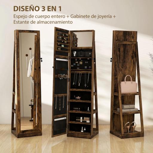 Espejo Joyero Giratorio 360° Armario para Joyas con Cerradura y Espejo Pequeño Incorporado 38x38x160 cm Marrón Rústico [3]