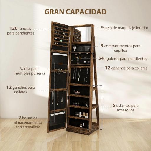 Espejo Joyero Giratorio 360° Armario para Joyas con Cerradura y Espejo Pequeño Incorporado 38x38x160 cm Marrón Rústico [2]