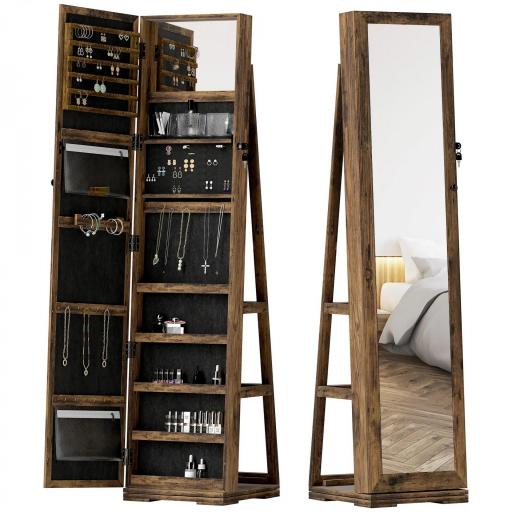 Espejo Joyero Giratorio 360° Armario para Joyas con Cerradura y Espejo Pequeño Incorporado 38x38x160 cm Marrón Rústico [9]