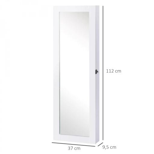 Espejo Joyero Colgante de Pared Armario de Joyería Organizador de Joyas con Ganchos y Ranuras para Collares para Dormitorio Salón 37x9,5x112 cm Blanco [1]