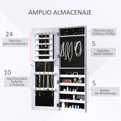Espejo Joyero Colgante de Pared Armario de Joyería Organizador de Joyas con Ganchos y Ranuras para Collares para Dormitorio Salón 37x9,5x112 cm Blanco [3]
