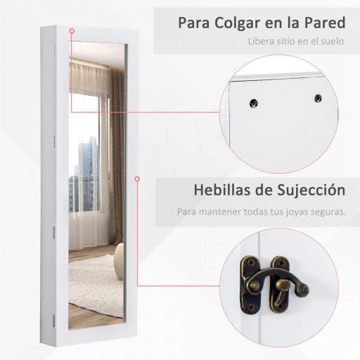 Espejo Joyero Colgante de Pared Armario de Joyería Organizador de Joyas con Ganchos y Ranuras para Collares para Dormitorio Salón 37x9,5x112 cm Blanco [5]