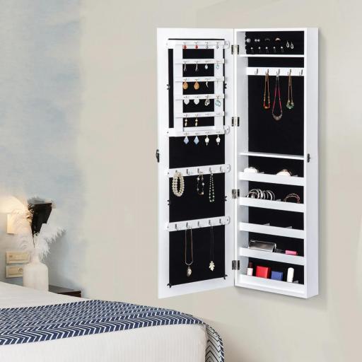 Espejo Joyero Colgante de Pared Armario de Joyería Organizador de Joyas con Ganchos y Ranuras para Collares para Dormitorio Salón 37x9,5x112 cm Blanco [7]