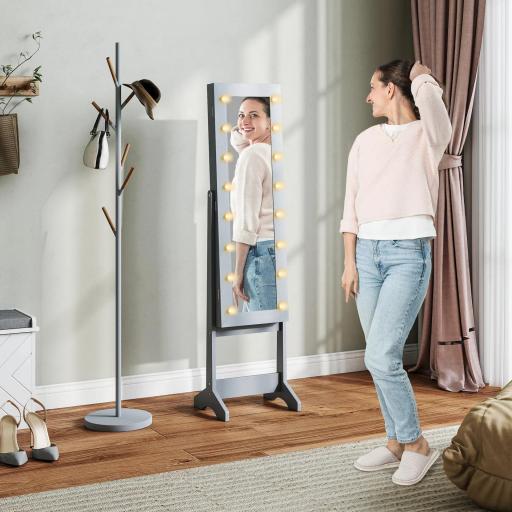 Espejo Joyero con Luces LED Armario para Joyas Armario Joyero de Pie con Espejo Entero Ángulo Ajustable Gris