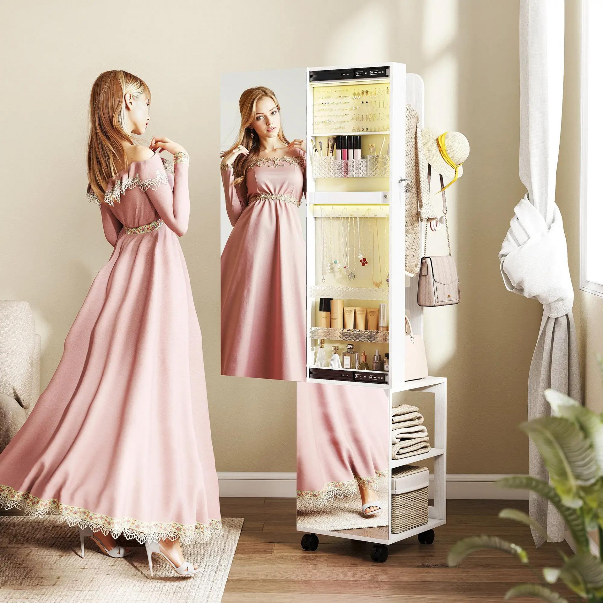 Espejo Joyero con Luces LED Armario para Joyas de Giro de 360° Cerradura y Llaves Superficie Blanco y Forro Beige