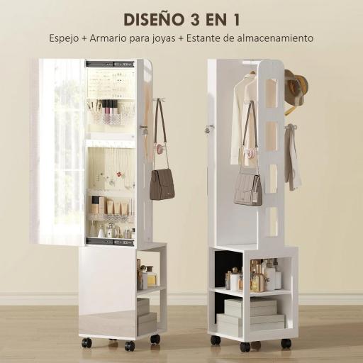 Espejo Joyero con Luces LED Armario para Joyas de Giro de 360° Cerradura y Llaves Superficie Blanco y Forro Beige [3]