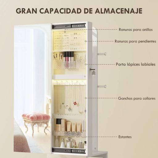 Espejo Joyero con Luces LED Armario para Joyas de Giro de 360° Cerradura y Llaves Superficie Blanco y Forro Beige [4]