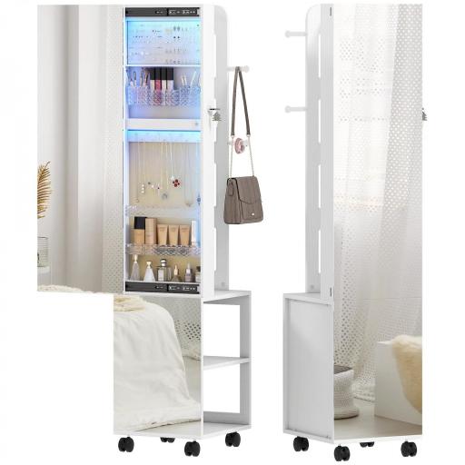 Espejo Joyero con Luces LED Armario para Joyas de Giro de 360° Cerradura y Llaves Superficie Blanco y Forro Beige [9]