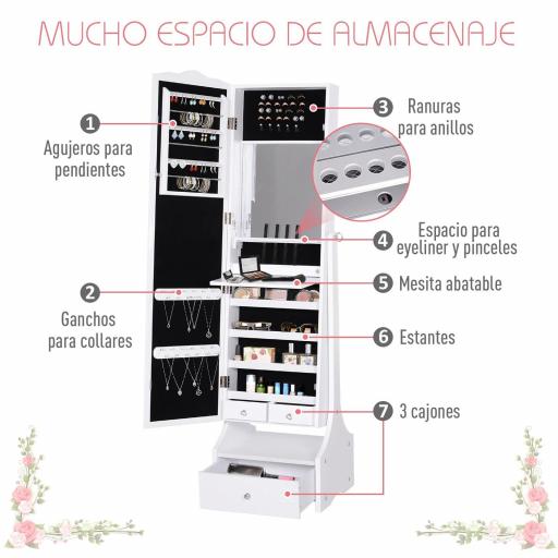 Espejo Joyero de Pie Armario de Joyería con Luces LED Cerradura Cajones Espejo y Mesa Interior Abatible para Comésticos 45x36x150cm [4]
