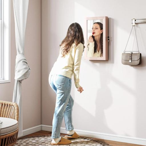 Espejo Joyero de Pared con Cerradura y Varios Compartimentos Montar en Pared o Puerta Rosa y Forro Beige 