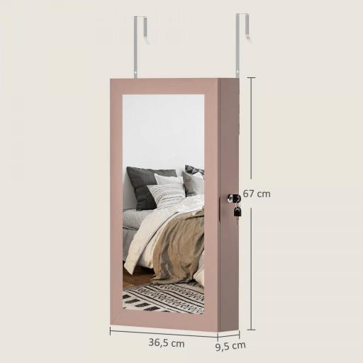 Espejo Joyero de Pared con Cerradura y Varios Compartimentos Montar en Pared o Puerta Rosa y Forro Beige  [1]