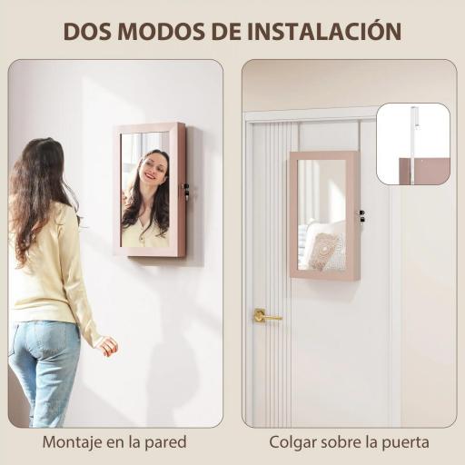 Espejo Joyero de Pared con Cerradura y Varios Compartimentos Montar en Pared o Puerta Rosa y Forro Beige  [4]