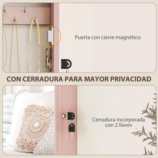 Espejo Joyero de Pared con Cerradura y Varios Compartimentos Montar en Pared o Puerta Rosa y Forro Beige  [3]