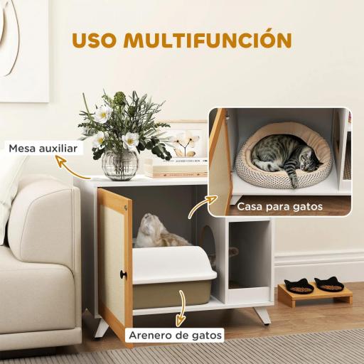 Mueble Arenero para Gatos con Puerta de Sisal Mesa Auxiliar Estante y Alfombrilla Antiarena 77x50x63 cm Blanco [2]