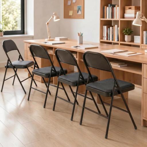 Juego de 4 Sillas Plegables Acolchadas con Respaldo y Estructura de Acero para Salón Comedor Cocina 45x46x78 cm Negro [2]