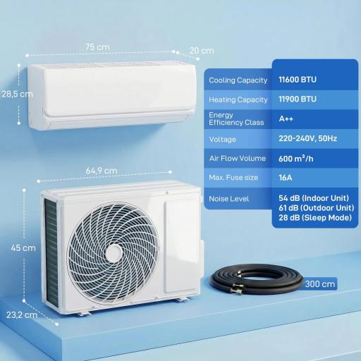 Aire Acondicionado Split Inverter 12000 BTU con Bomba de Calor WiFi y Control por Voz para 18 m² con Kit de Instalación [3]