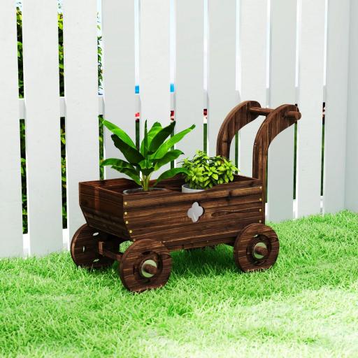 Carretilla de Madera Decorativa Jardinera Elevada con 4 Ruedas Asa Orificios de Drenaje 68x38x52 cm Carbonizado