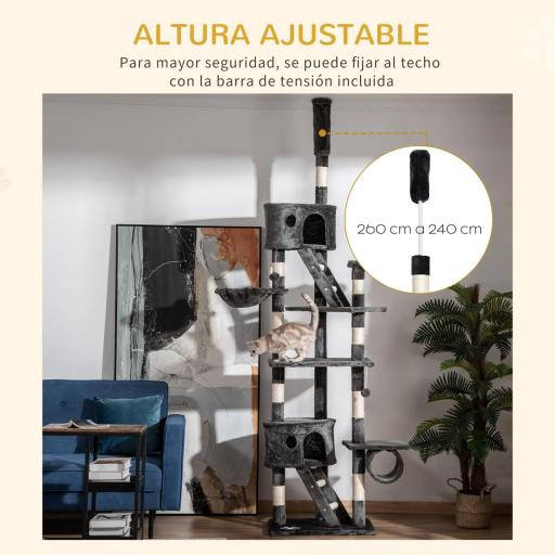 Árbol para Gatos de Suelo a Techo de 240-260 cm con Altura Ajustable Múltiples Plataformas Cuevas Cestos y Rampas Gris [5]