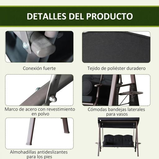 Columpio de Jardín Exteriorde 3 Plazas con Toldo Ajustable Bandejas Laterales y 2 Almohadas 208x121x172 cm Negro [4]