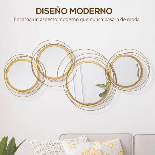 Decoración de Pared de Metal 3D de Espejos Redondos Adorno Metálico para Salón Dormitorio Comedor 107x56cm Dorado [1]