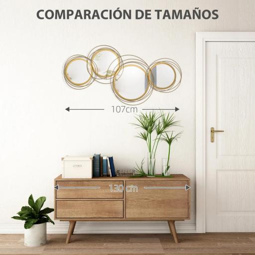 Decoración de Pared de Metal 3D de Espejos Redondos Adorno Metálico para Salón Dormitorio Comedor 107x56cm Dorado [4]