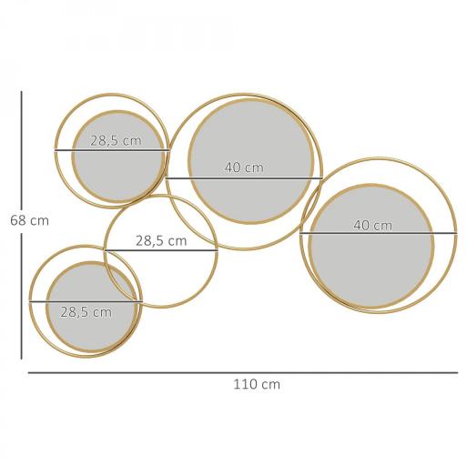 Espejo Decorativo de Pared de Metal 3D Decoración con 4 Espejos Redondos para Salón Dormitorio Pasillo 110x68 cm Dorado [1]