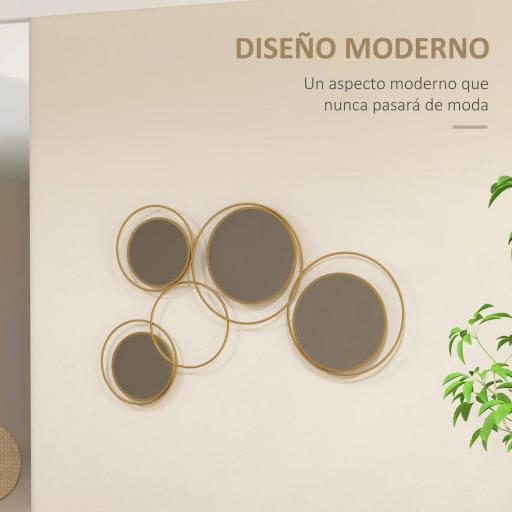 Espejo Decorativo de Pared de Metal 3D Decoración con 4 Espejos Redondos para Salón Dormitorio Pasillo 110x68 cm Dorado [2]