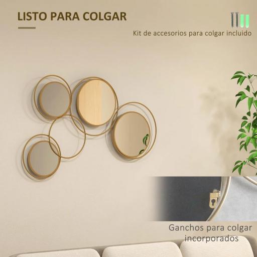 Espejo Decorativo de Pared de Metal 3D Decoración con 4 Espejos Redondos para Salón Dormitorio Pasillo 110x68 cm Dorado [3]