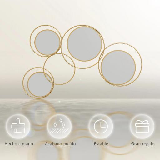 Espejo Decorativo de Pared de Metal 3D Decoración con 4 Espejos Redondos para Salón Dormitorio Pasillo 110x68 cm Dorado [5]