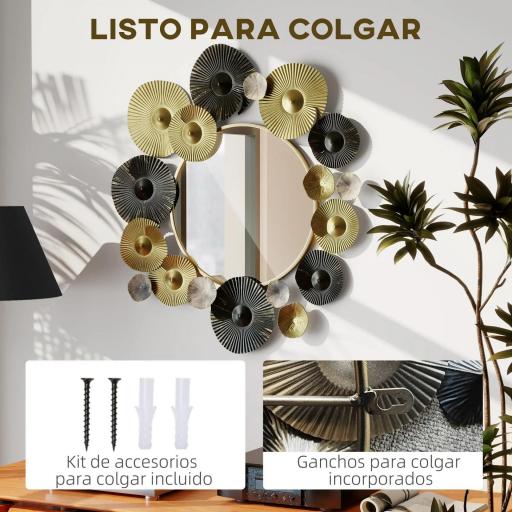 Adorno de Pared Metálico con Espejo Decorativo para Salón Dormitorio Pasillo 84x84 cm Dorado y Negro [5]