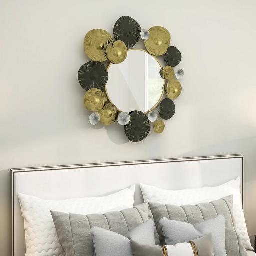 Adorno de Pared Metálico con Espejo Decorativo para Salón Dormitorio Pasillo 84x84 cm Dorado y Negro [2]