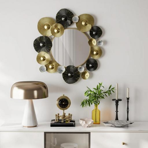 Adorno de Pared Metálico con Espejo Decorativo para Salón Dormitorio Pasillo 84x84 cm Dorado y Negro [7]