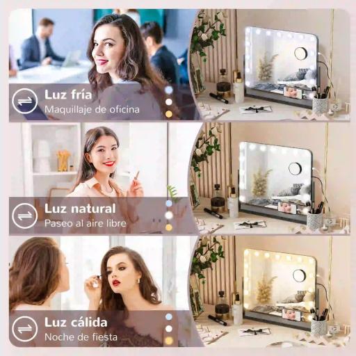 Espejo de Tocador Giratorio 58x46 cm con 14 Bombillas LED 3 Modos de Iluminación Ajustables Interruptor Táctil Negro [6]