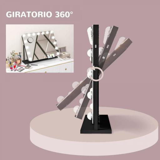 Espejo de Tocador Giratorio 58x46 cm con 14 Bombillas LED 3 Modos de Iluminación Ajustables Interruptor Táctil Negro [2]