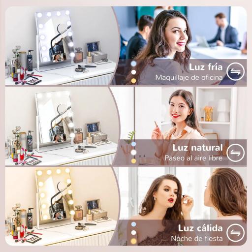 Espejo de Maquillaje con Luz 30x40 cm con 12 Bombillas 3 Modos de Iluminación Ajustables Interruptor Táctil Blanco [5]