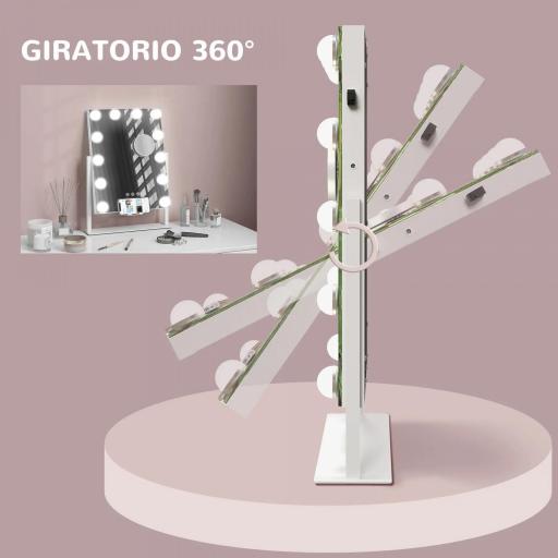 Espejo de Maquillaje con Luz 30x40 cm con 12 Bombillas 3 Modos de Iluminación Ajustables Interruptor Táctil Blanco [7]