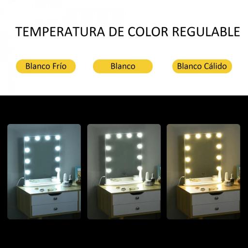 Espejo de Maquillaje Estilo Hollywood Espejo de Tocador Táctil con 12 Luces LED Ajustables 41,5x13,5x51 cm Blanco [1]