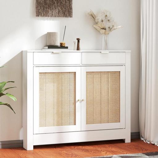 Cubre Radiadores con Puertas Abatibles y Ratán 2 Compartimentos Diseño Bohemio para Salón Dormitorio Blanco
