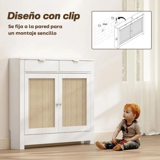 Cubre Radiadores con Puertas Abatibles y Ratán 2 Compartimentos Diseño Bohemio para Salón Dormitorio Blanco [4]